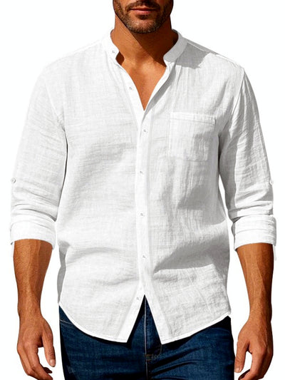 Men's Linen Blend Short Sleeve Shirt Lightweight Casual Summer Button Shirt in White - product view
