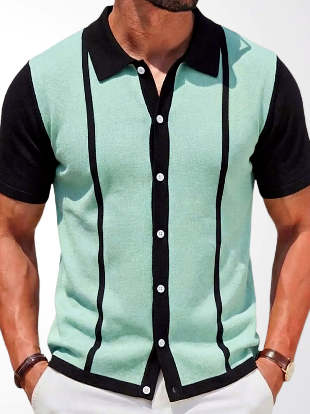 Men's Striped Jacquard Knit Short Sleeve Polo Shirt Business Casual Summer Top in Green - product view
