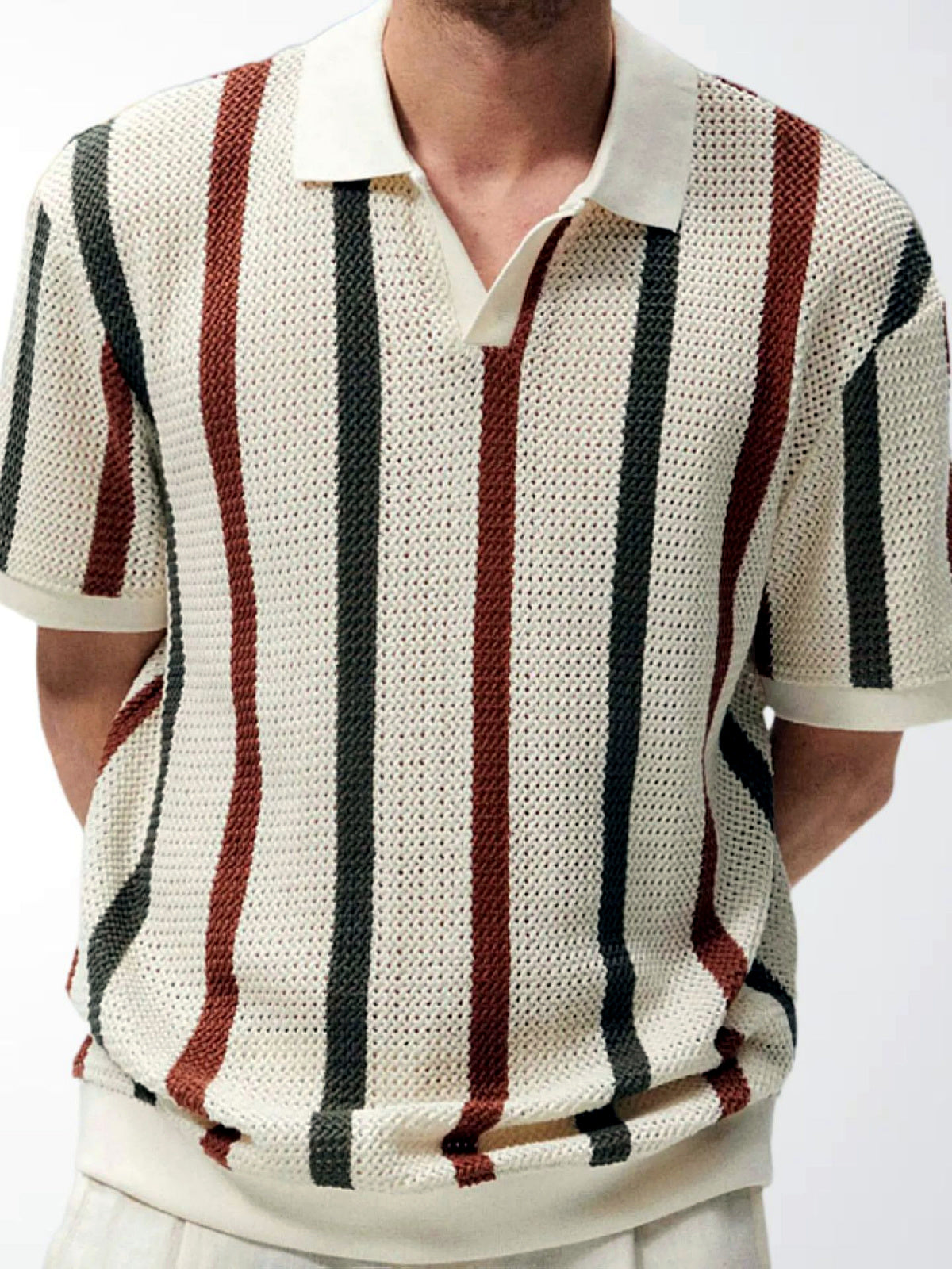 Men's Striped Jacquard Knit Short Sleeve Polo Shirt Business Casual Summer Top in Khaki - product view