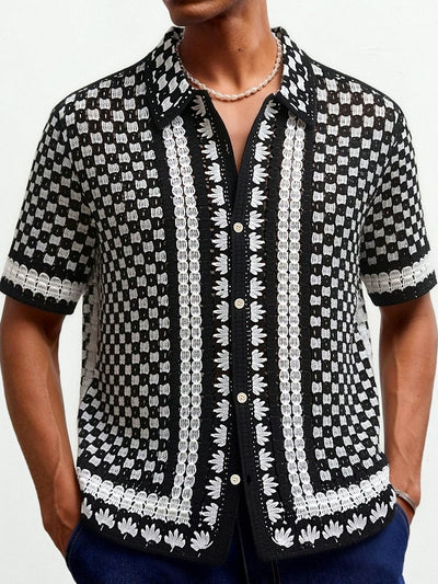 Men's Jacquard Knit Short Sleeve Polo Shirt Business Casual Summer Top in Black - product view