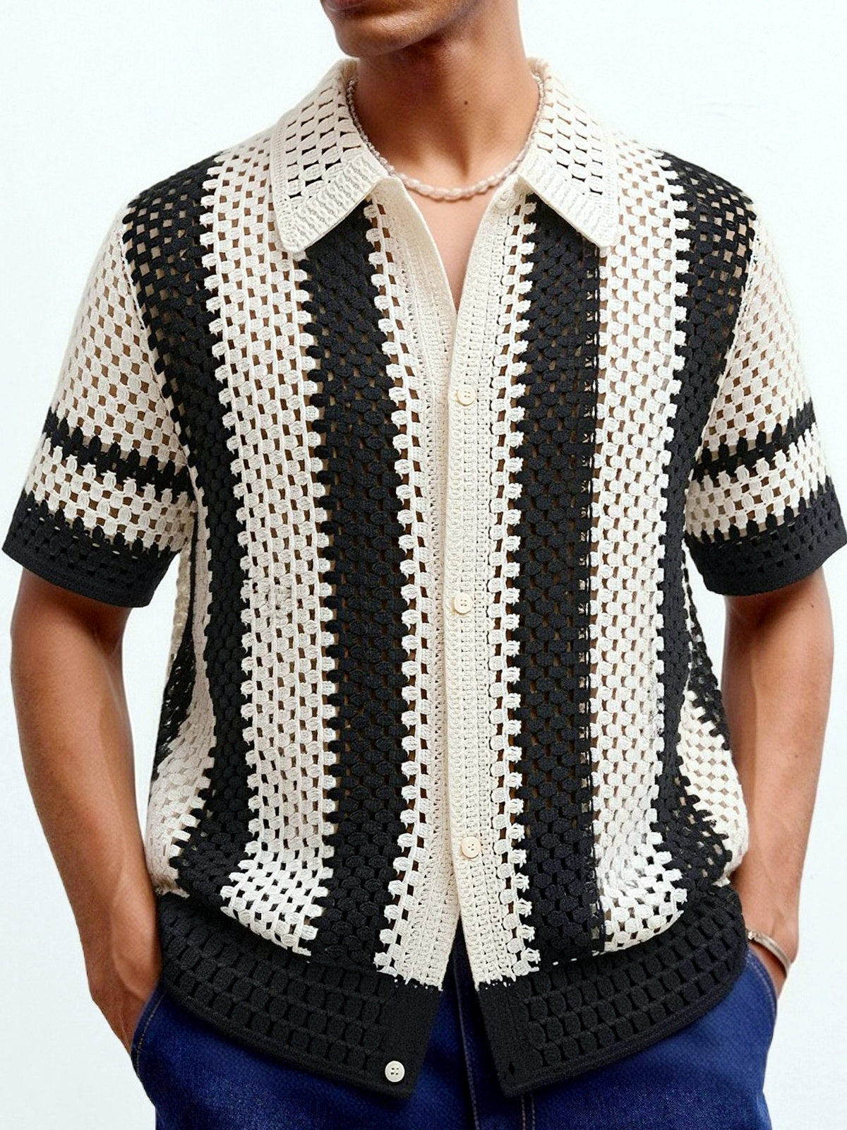 Men's Striped Jacquard Knit Short Sleeve Polo Shirt Business Casual Summer Top in Apricot - product view