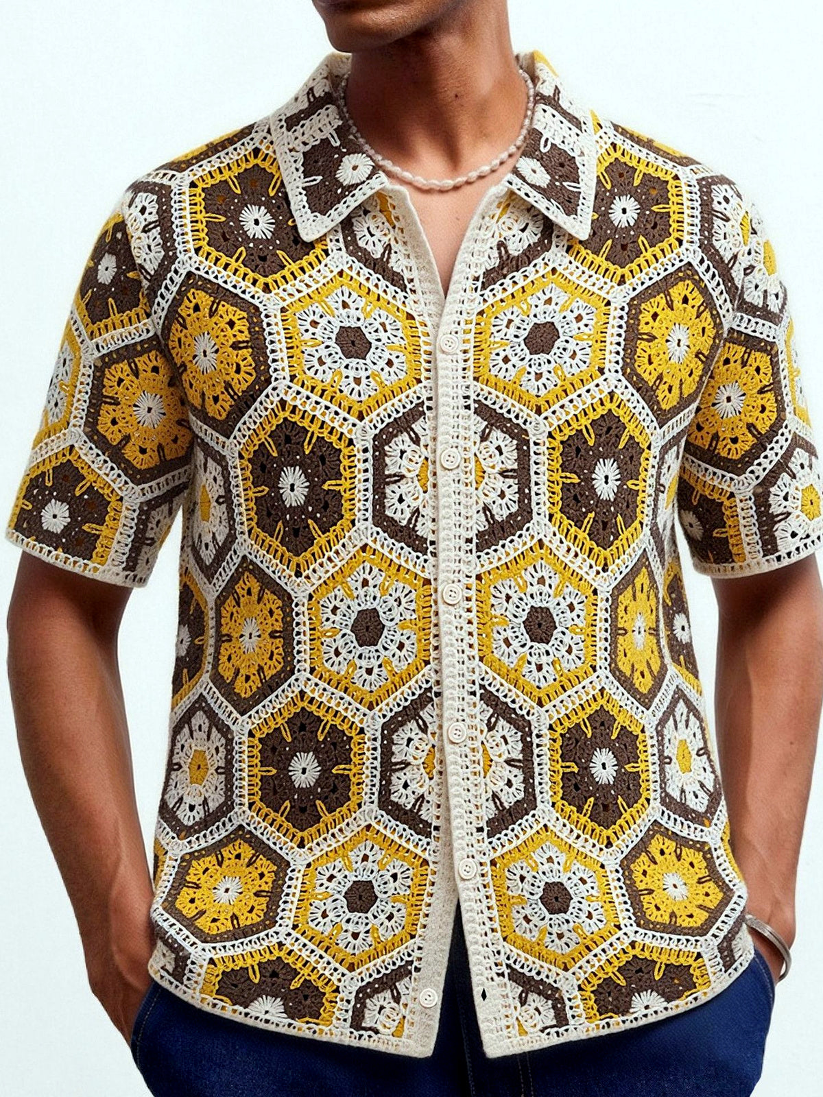 Men's Jacquard Knit Short Sleeve Polo Shirt Business Casual Summer Top in Yellow - product view
