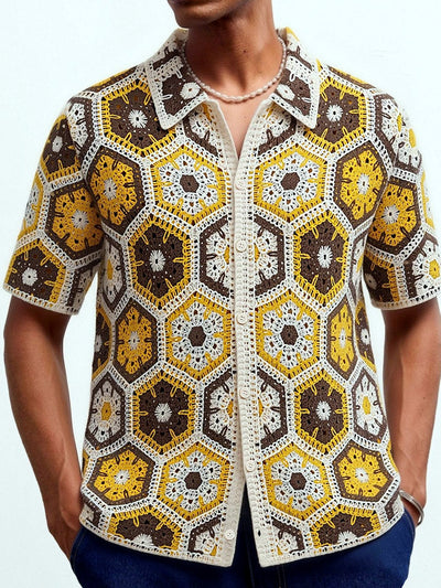 Men's Jacquard Knit Short Sleeve Polo Shirt Business Casual Summer Top in Yellow - product view