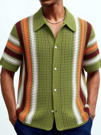 Men's Striped Jacquard Knit Short Sleeve Polo Shirt Business Casual Summer Top in Green - product view