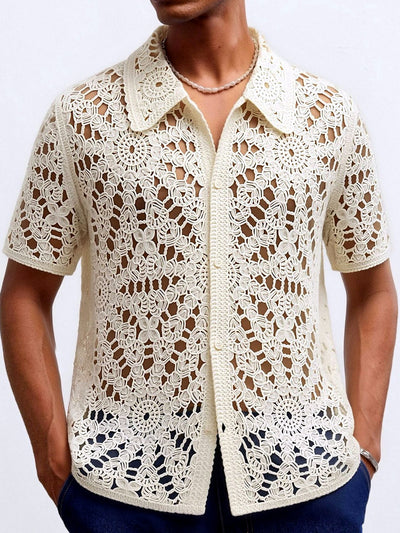 Men's Jacquard Knit Short Sleeve Polo Shirt Business Casual Summer Top in Beige - product view