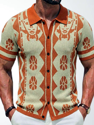 Men's Jacquard Knit Short Sleeve Polo Shirt Business Casual Summer Top in Brown - product view