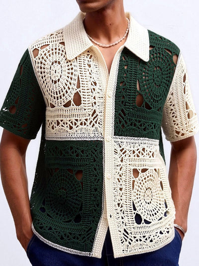 Men's Jacquard Knit Short Sleeve Polo Shirt Business Casual Summer Top in Black - product view