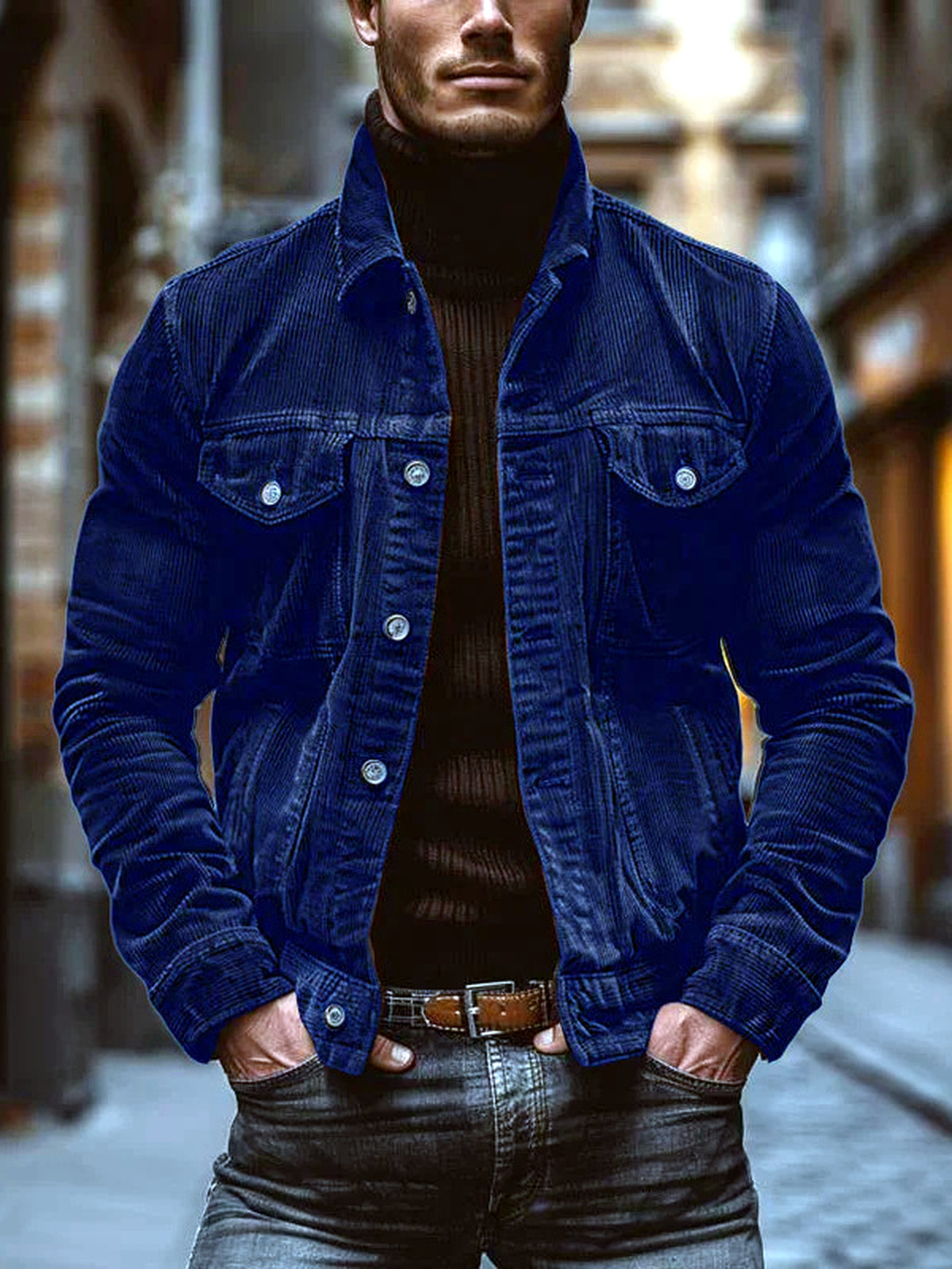 Men's Corduroy Lapel Collar Striped Long Sleeve Shirt Casual in LT-DXRJK-Blue - product view