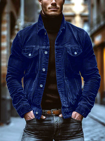 Men's Corduroy Lapel Collar Striped Long Sleeve Shirt Casual in LT-DXRJK-Blue - product view