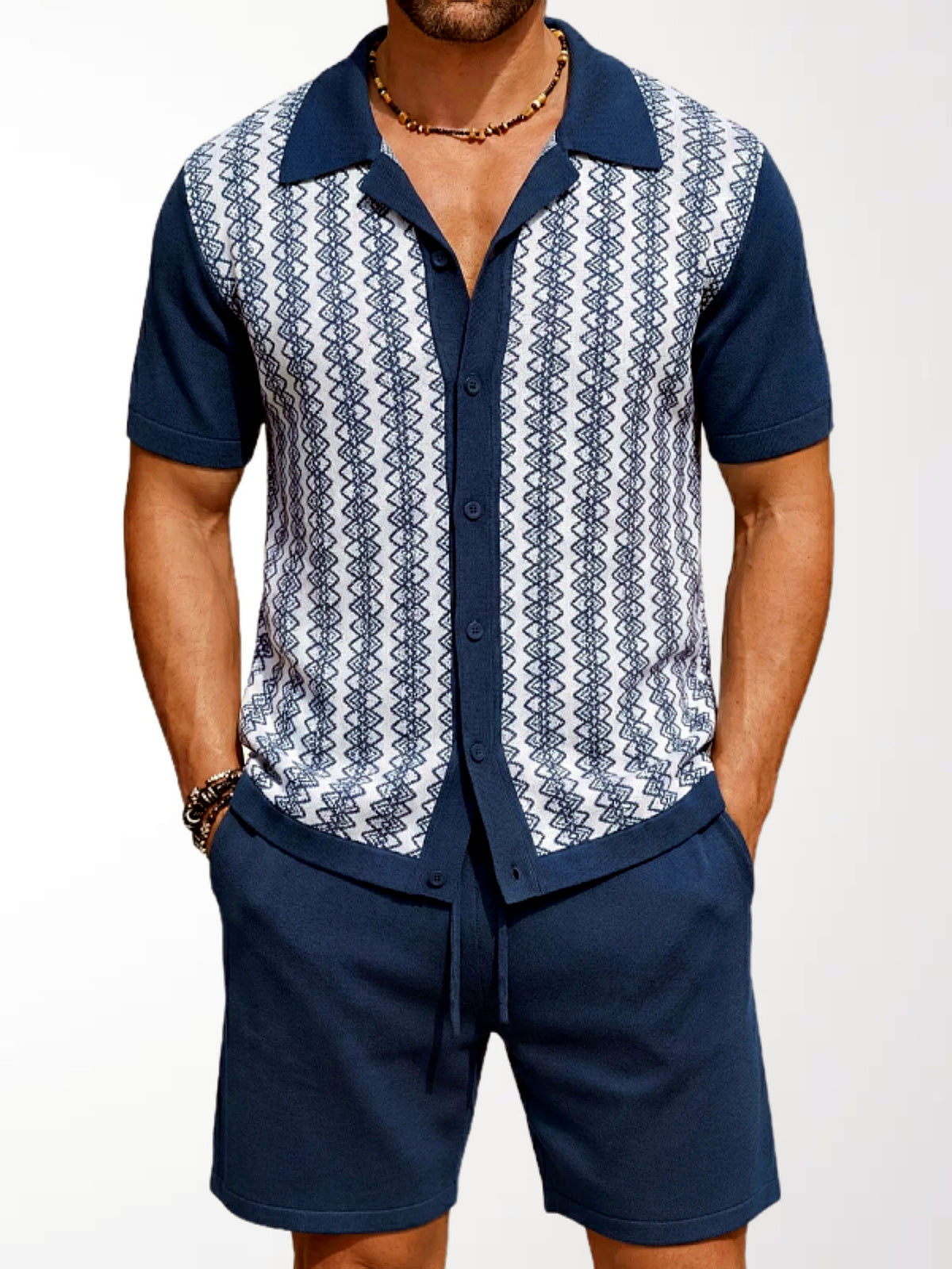Men's Lyocell Cotton Casual Bermuda Shorts Elastic Waist Summer Shorts in Navy - product view