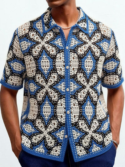 Men's Jacquard Knit Short Sleeve Polo Shirt Business Casual Summer Top in Blue - product view