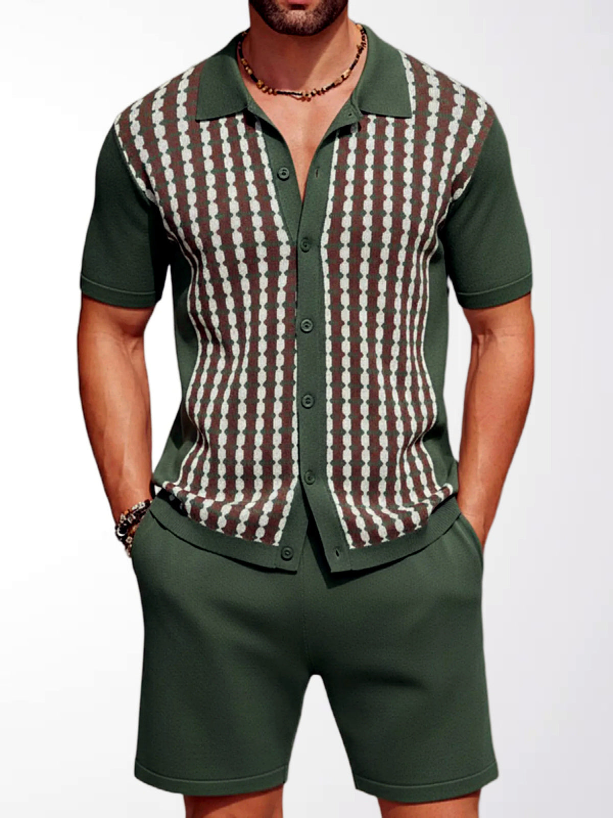 Men's Lyocell Cotton Casual Bermuda Shorts Elastic Waist Summer Shorts in Green - product view