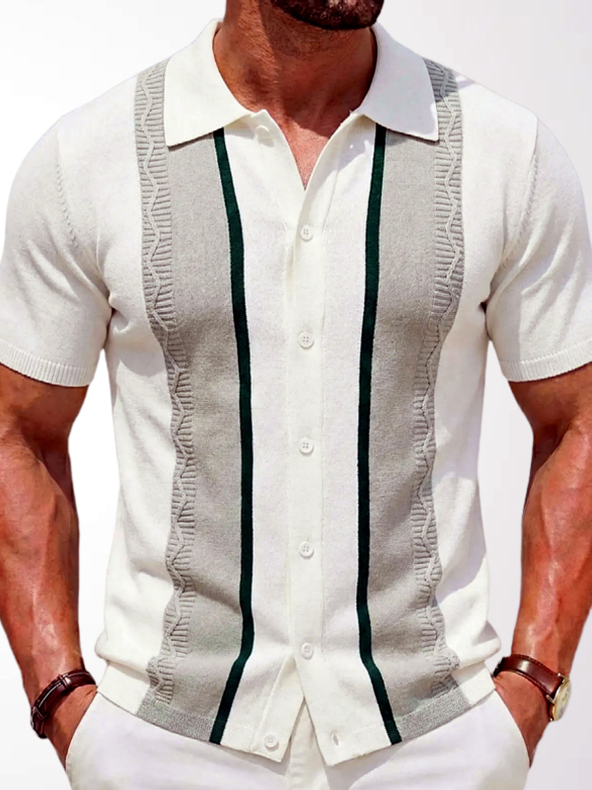 Men's Jacquard Knit Short Sleeve Polo Shirt Business Casual Summer Top in White - product view