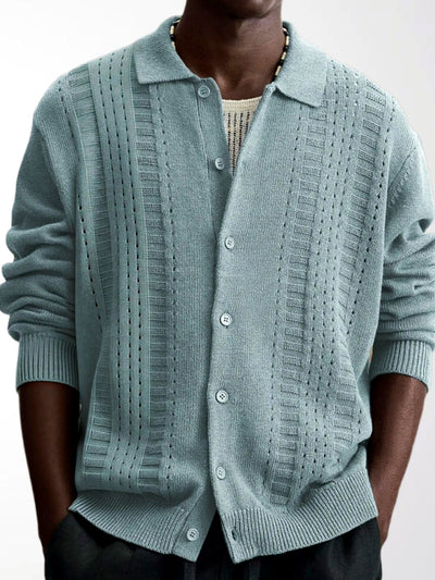 Men's Lapel Collar Open-Knit Lightweight Long Sleeve Knit Cardigan Casual Autumn in Gray - product view
