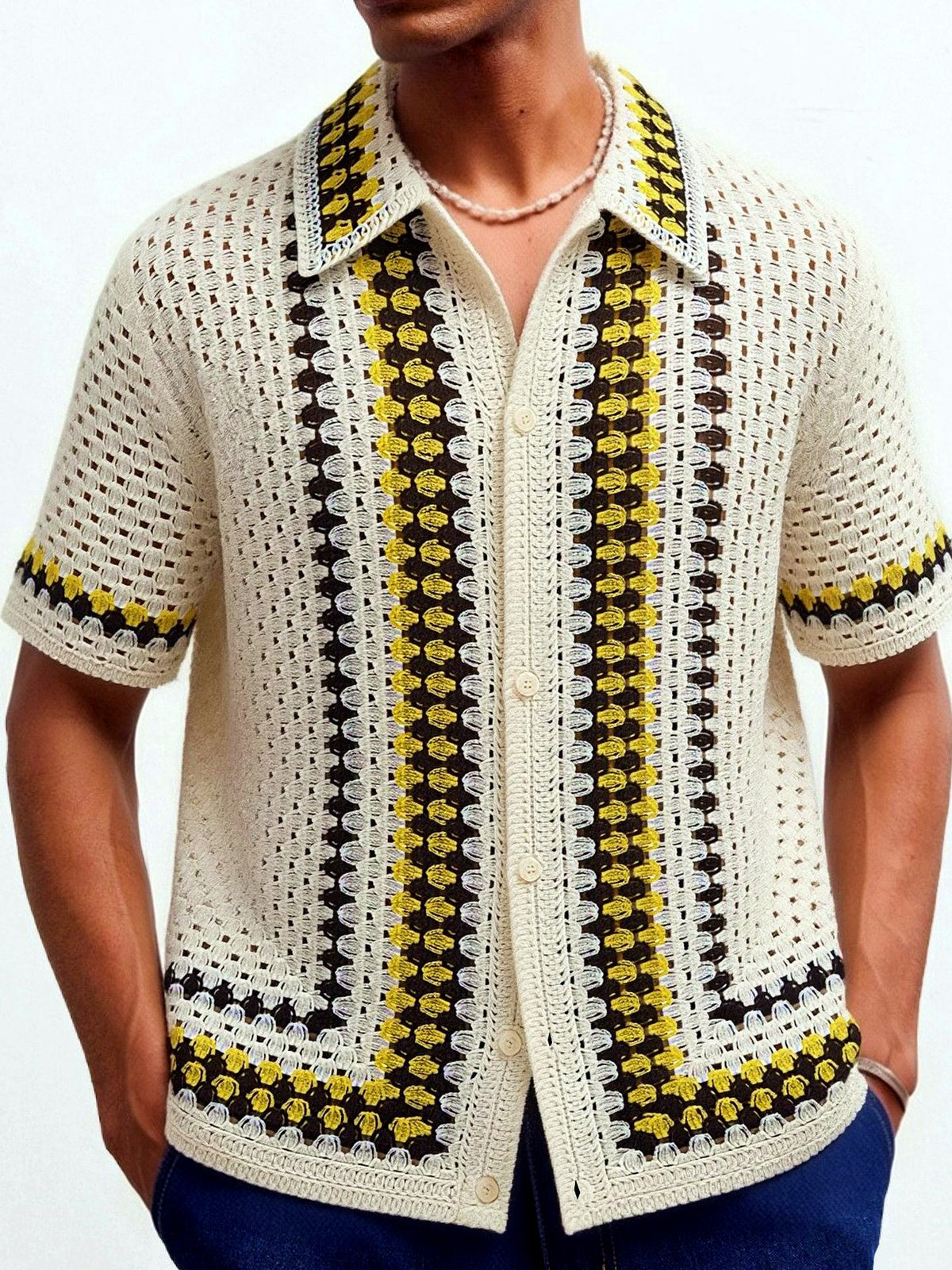 Men's Jacquard Knit Short Sleeve Polo Shirt Business Casual Summer Top in Apricot - product view