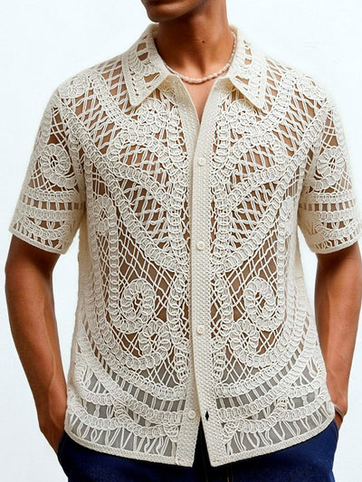 Men's Jacquard Knit Short Sleeve Polo Shirt Business Casual Summer Top in Apricot - product view
