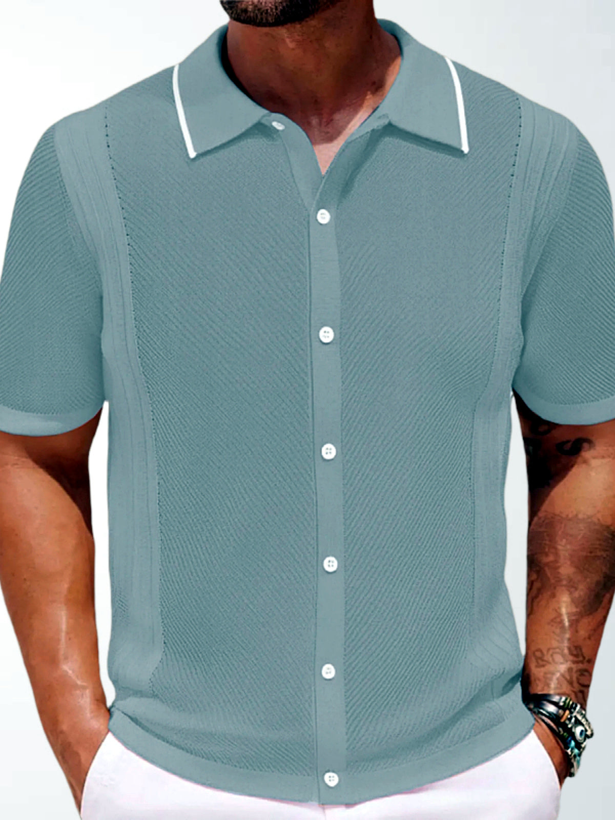 Men's Jacquard Knit Short Sleeve Polo Shirt Business Casual Summer Top in Gray - product view