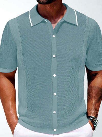 Men's Jacquard Knit Short Sleeve Polo Shirt Business Casual Summer Top in Gray - product view