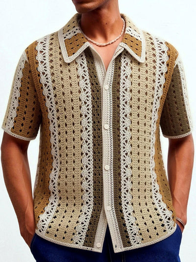 Men's Striped Jacquard Knit Short Sleeve Polo Shirt Business Casual Summer Top in Khaki - product view