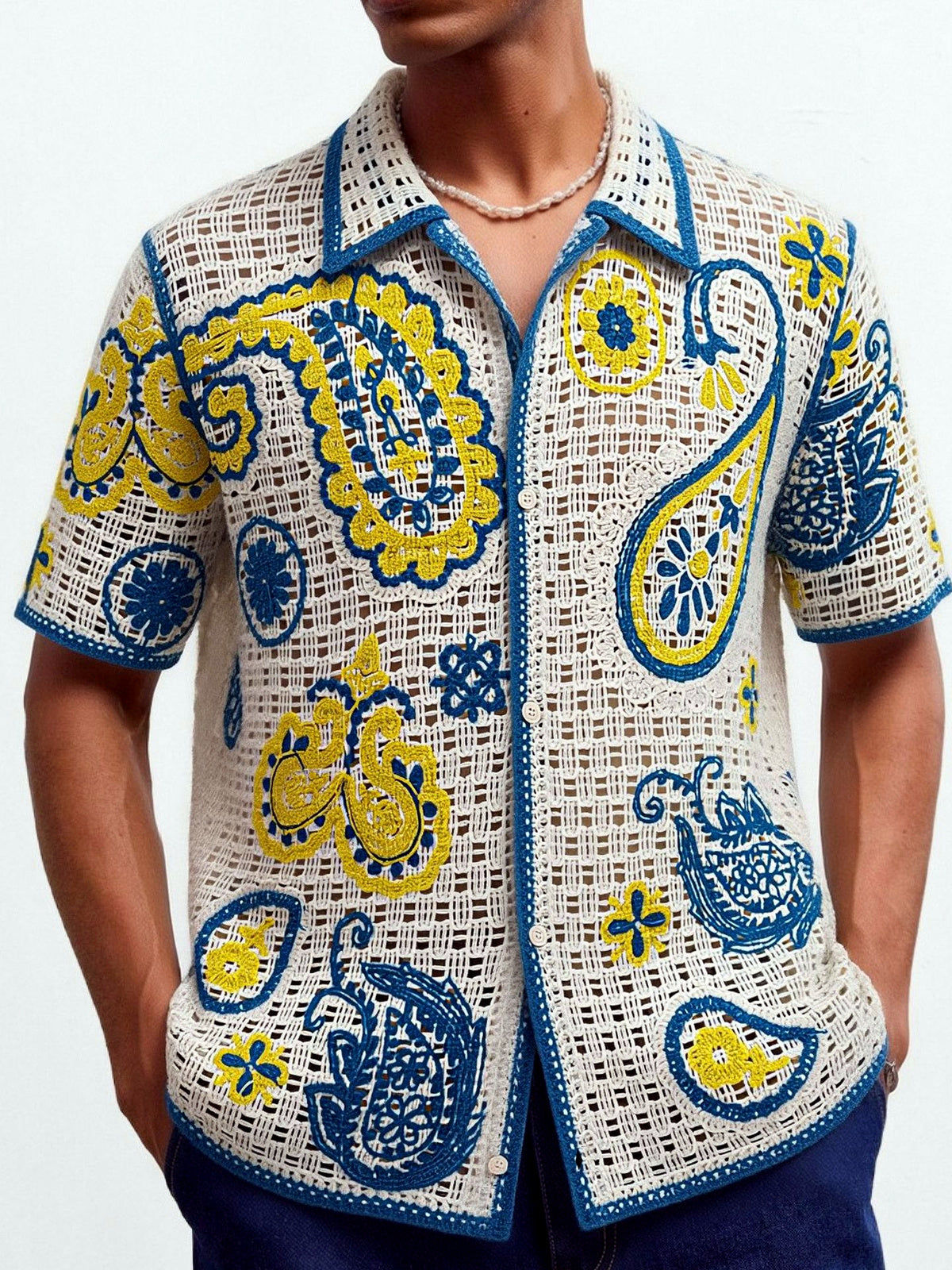 Men's Jacquard Knit Short Sleeve Polo Shirt Business Casual Summer Top in Apricot - product view