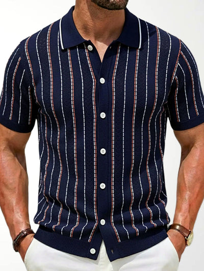 Men's Striped Jacquard Knit Short Sleeve Polo Shirt Business Casual Summer Top in Navy - product view