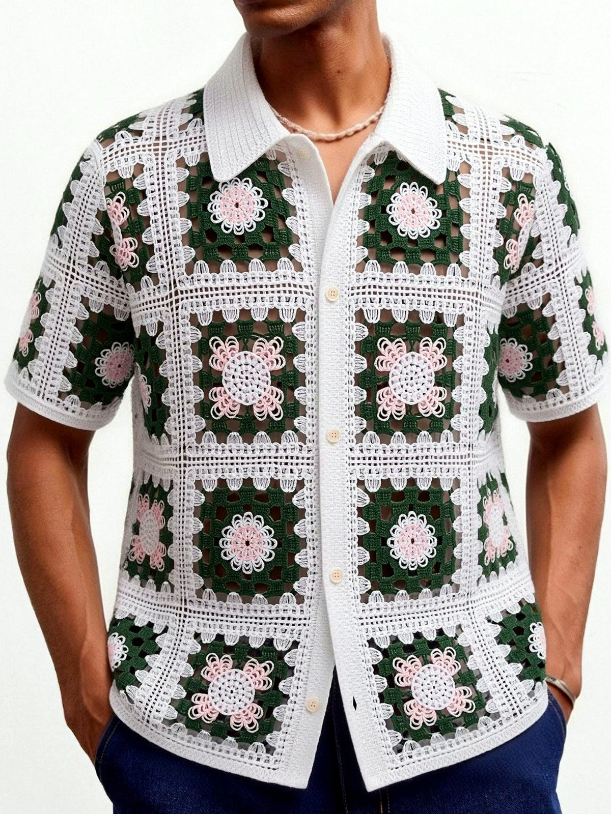 Men's Jacquard Knit Short Sleeve Polo Shirt Business Casual Summer Top in White - product view