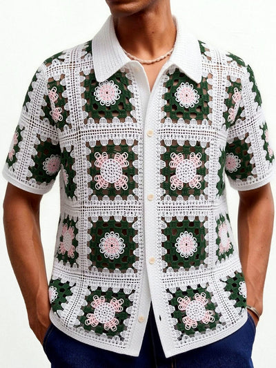 Men's Jacquard Knit Short Sleeve Polo Shirt Business Casual Summer Top in White - product view