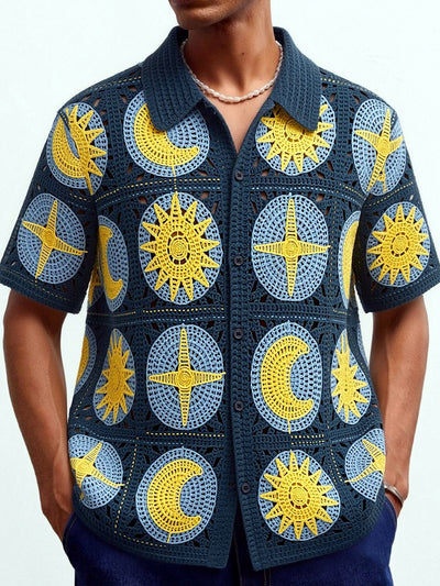 Men's Jacquard Knit Short Sleeve Polo Shirt Business Casual Summer Top in Navy - product view