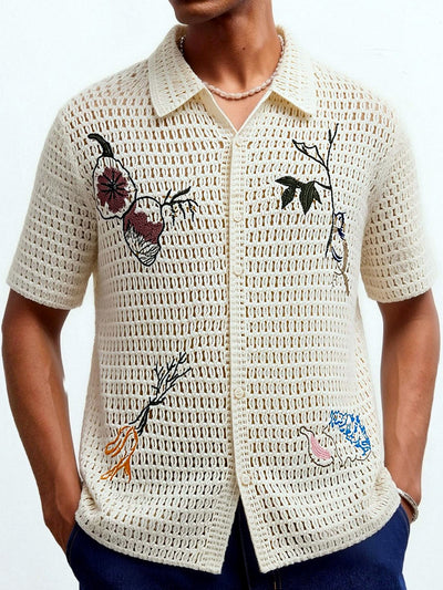 Men's Jacquard Knit Short Sleeve Polo Shirt Business Casual Summer Top in Apricot - product view