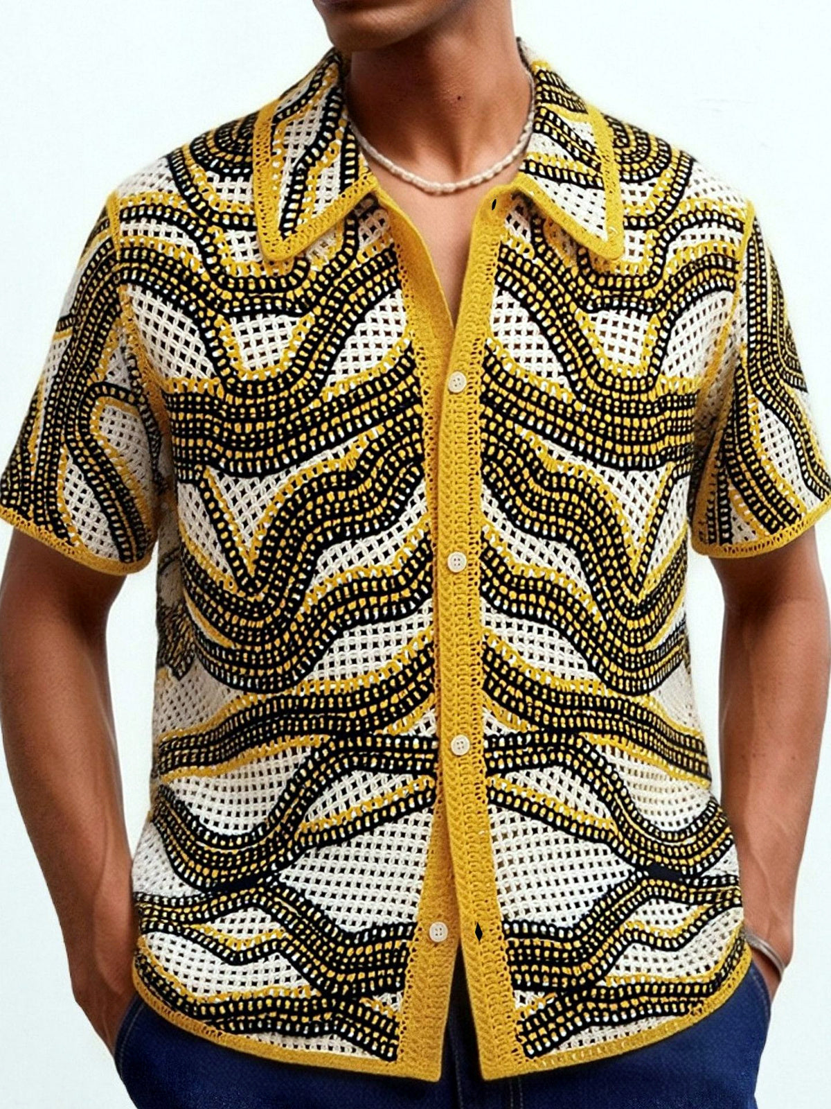 Men's Striped Jacquard Knit Short Sleeve Polo Shirt Business Casual Summer Top in Khaki - product view