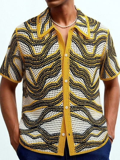 Men's Striped Jacquard Knit Short Sleeve Polo Shirt Business Casual Summer Top in Khaki - product view