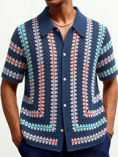 Men's Striped Jacquard Knit Short Sleeve Polo Shirt Business Casual Summer Top in Navy - product view