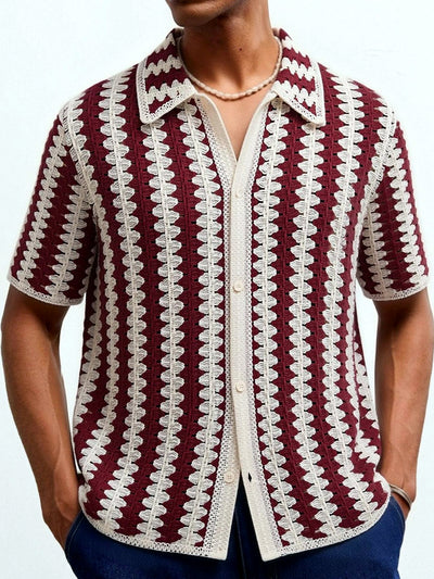 Men's Striped Jacquard Knit Short Sleeve Polo Shirt Business Casual Summer Top in Red - product view