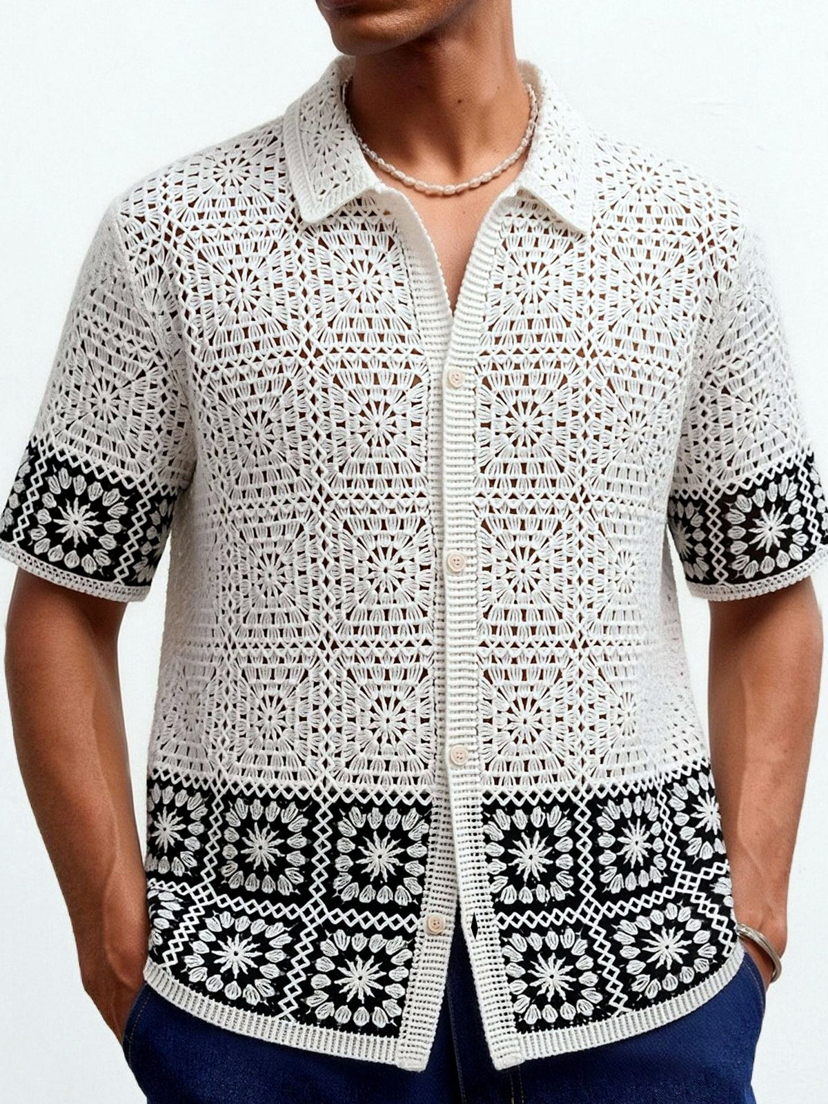 Men's Jacquard Knit Short Sleeve Polo Shirt Business Casual Summer Top in White - product view