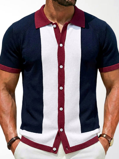Men's Jacquard Knit Short Sleeve Polo Shirt Business Casual Summer Top in Navy - product view