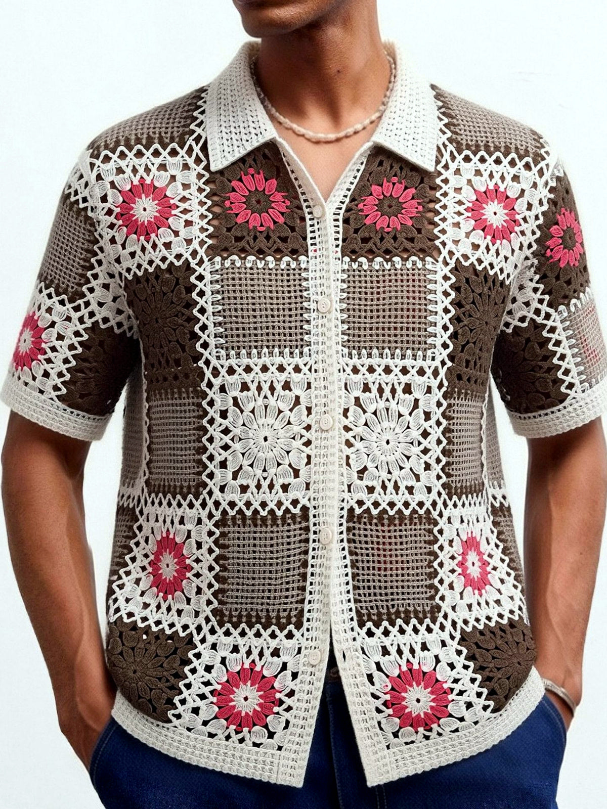 Men's Jacquard Knit Short Sleeve Polo Shirt Business Casual Summer Top in White - product view