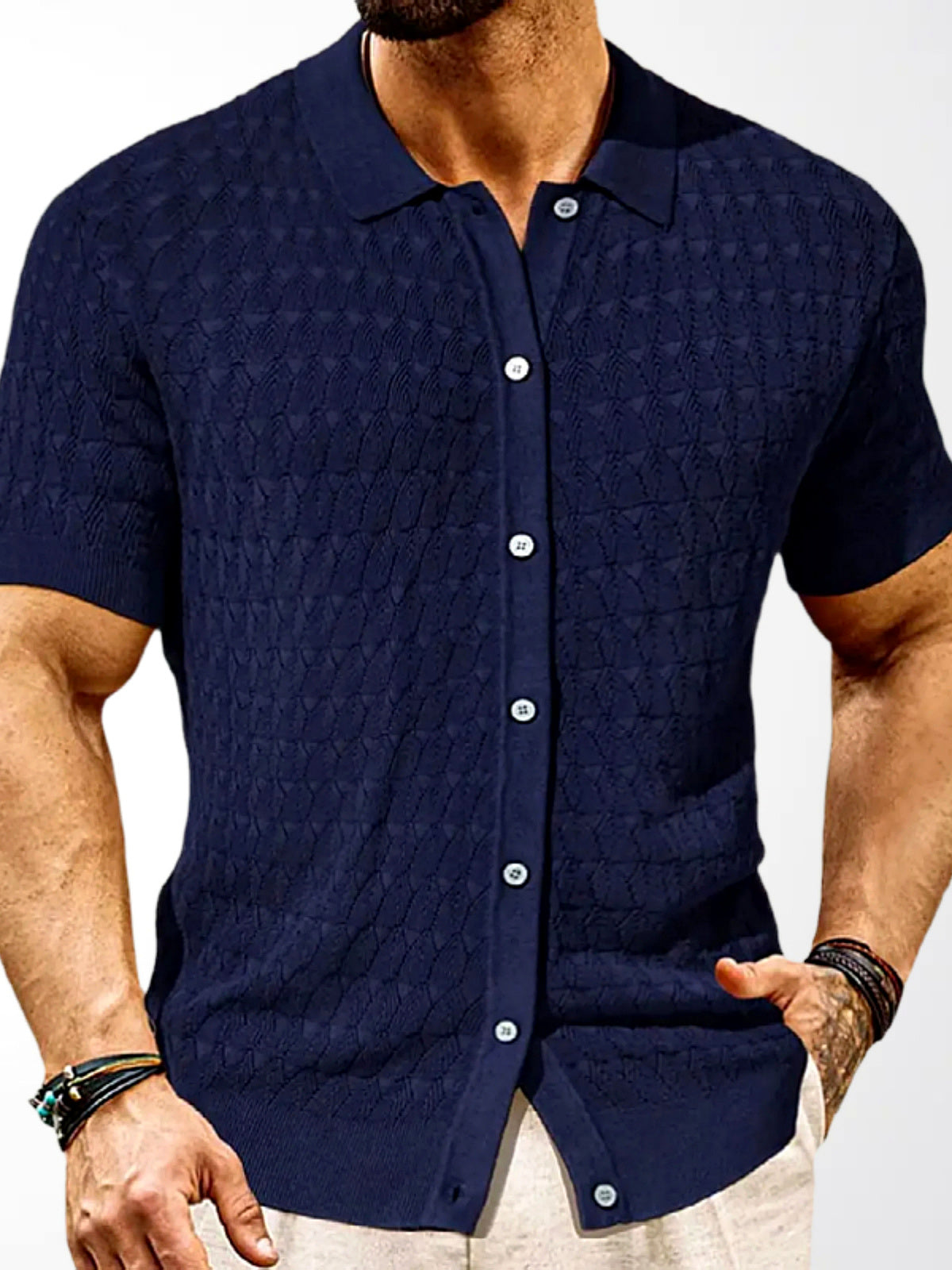 Men's Jacquard Knit Short Sleeve Polo Shirt Business Casual Summer Top in Navy - product view