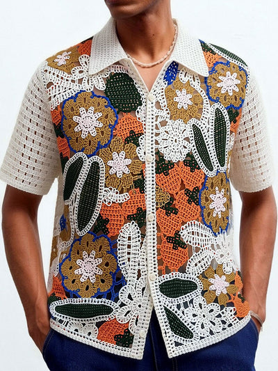 Men's Jacquard Knit Short Sleeve Polo Shirt Business Casual Summer Top in Apricot - product view