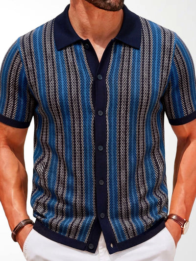 Men's Striped Jacquard Knit Short Sleeve Polo Shirt Business Casual Summer Top in Navy - product view