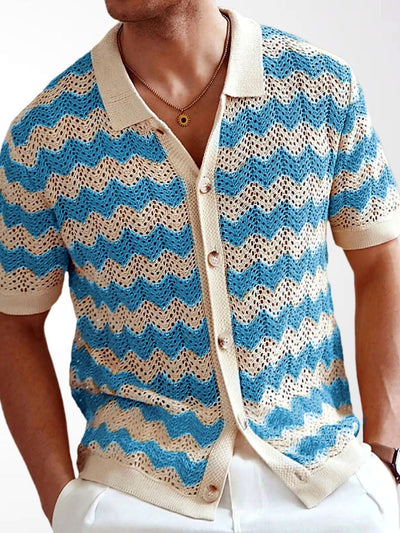 Men's Jacquard Knit Short Sleeve Polo Shirt Business Casual Summer Top in Blue - product view