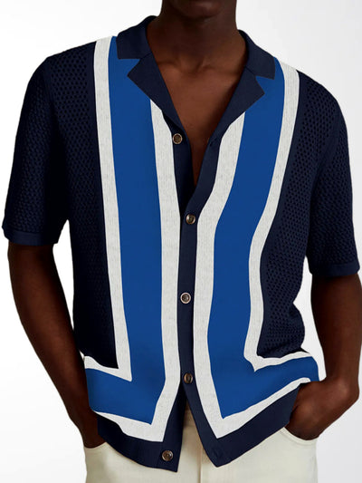 Men's Striped Jacquard Knit Short Sleeve Polo Shirt Business Casual Summer Top in Navy - product view