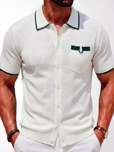Men's Jacquard Knit Short Sleeve Polo Shirt Business Casual Summer Top in White - product view