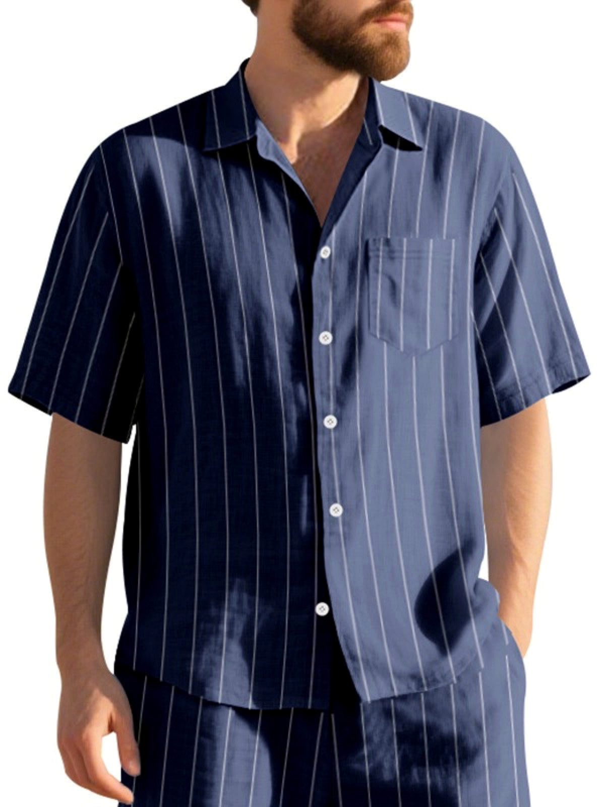 Men's Linen Blend Short Sleeve Shirt Lightweight Casual Summer Button Shirt in Navy - product view
