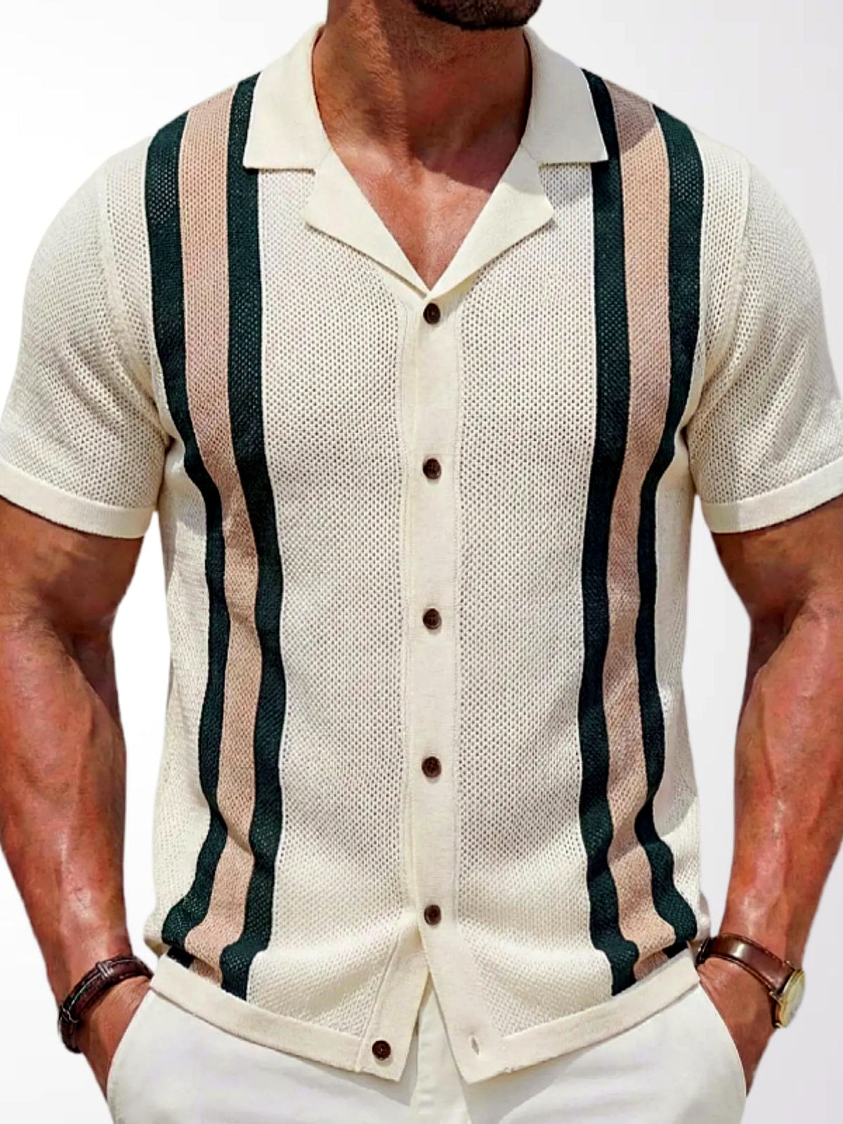 Men's Jacquard Knit Short Sleeve Polo Shirt Business Casual Summer Top in White - product view