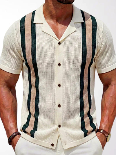 Men's Jacquard Knit Short Sleeve Polo Shirt Business Casual Summer Top in White - product view