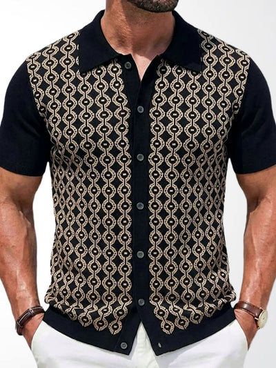 Men's Jacquard Knit Short Sleeve Polo Shirt Business Casual Summer Top in Black - product view