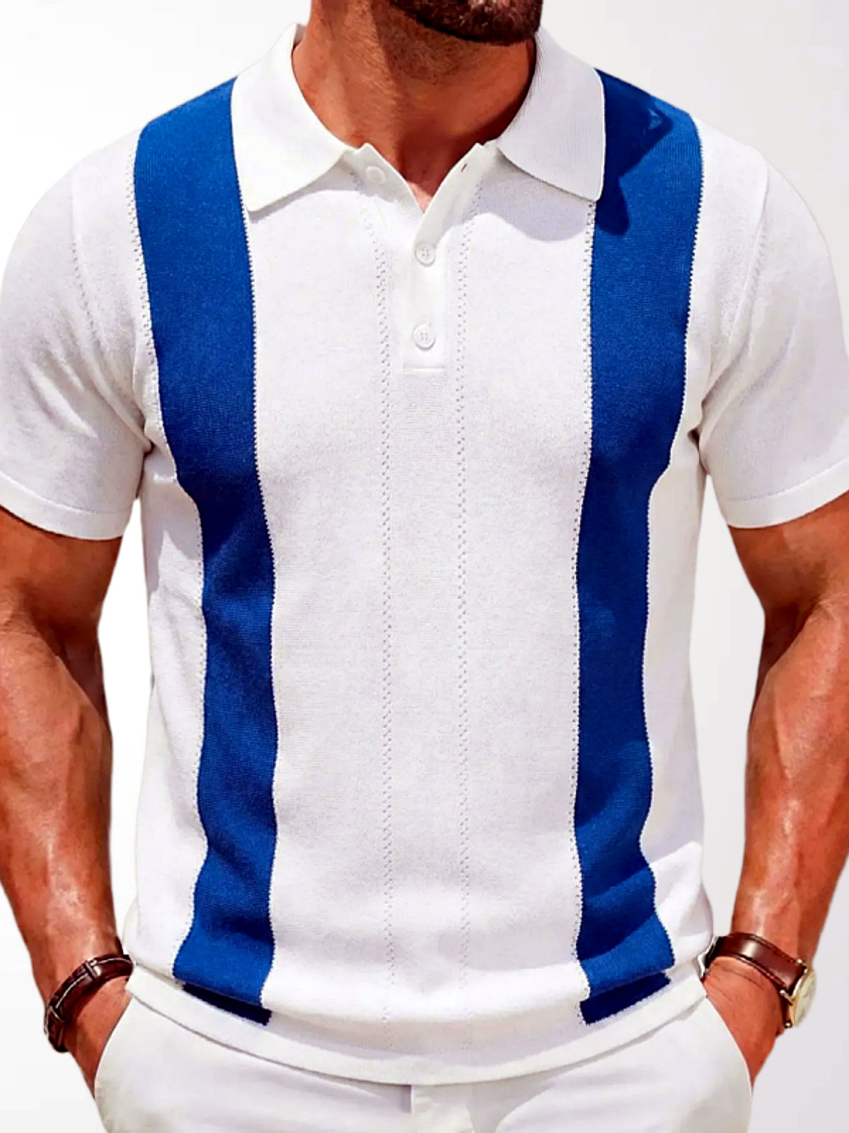 Men's Jacquard Knit Short Sleeve Polo Shirt Business Casual Summer Top in White - product view