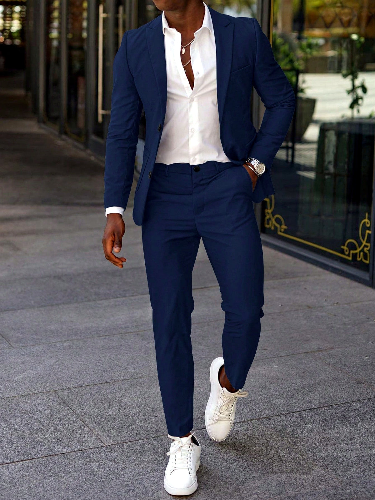 Men's Jacquard Blazer Suit Jacket One Button Party Banquet Formal Outfit in Navy - product view