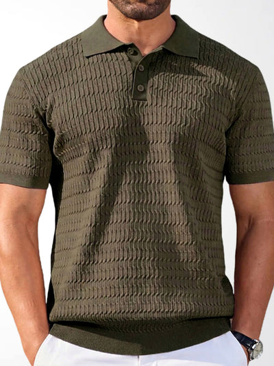 Men's Jacquard Knit Short Sleeve Polo Shirt Business Casual Summer Top in Olive Green - product view