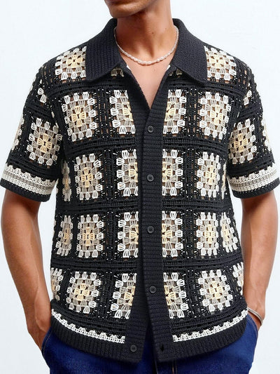 Men's Jacquard Knit Short Sleeve Polo Shirt Business Casual Summer Top in Black - product view
